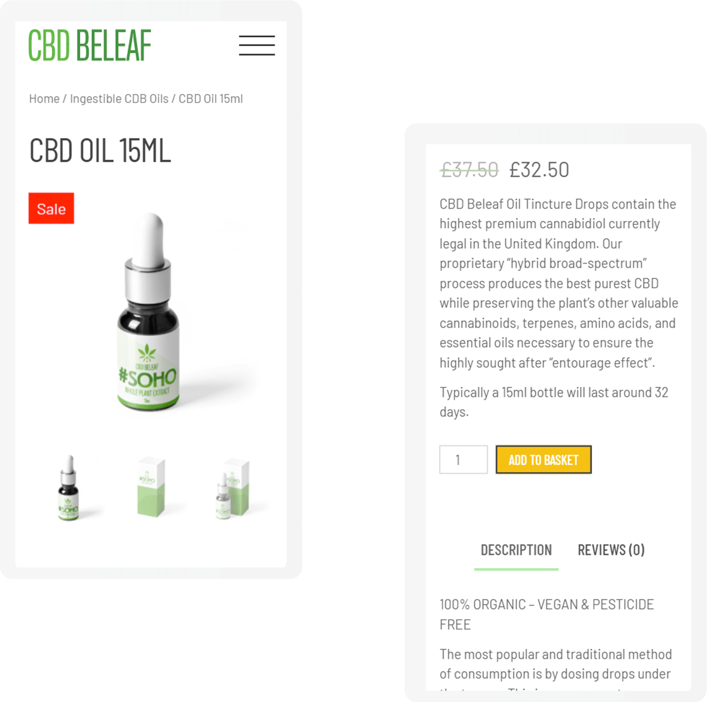 CBD BeLeaf product page on mobile