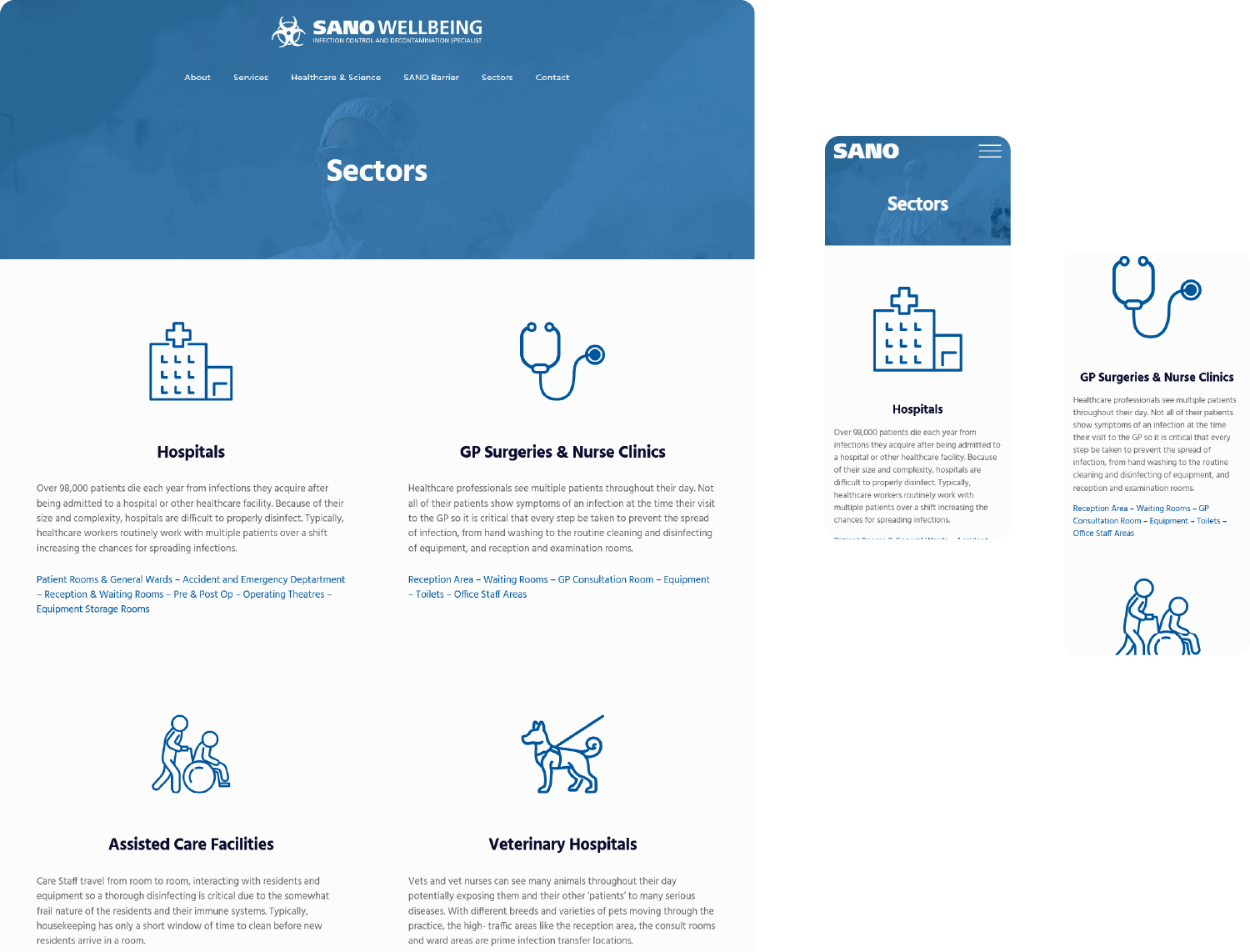 SANO Wellbeing sectors page on mobile and desktop